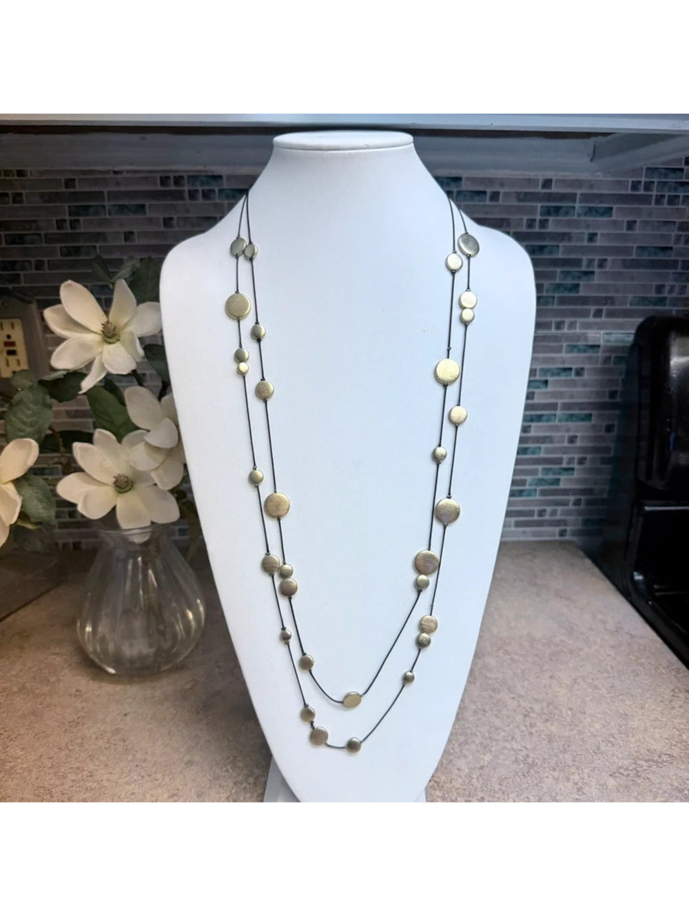 Chico's Double Strand Floating Disc Necklace Gold Tone Beads Black Cord